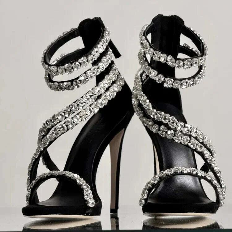 Crystal Chain Oblique Strap High Heel Sandals Beaded Party Wedding Large Rhinestone Spliced Thin High Heel Shoes Big Size 35-43 - KIMLUD