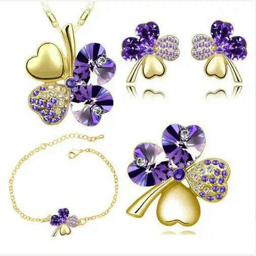KIMLUD, Crystal Clover 4 Leaf heart fashion jewelry set dropshipping Necklace earrings bracelet brooch charm girl quality birthday gifts, gold darkpurpel, KIMLUD Women's Clothes