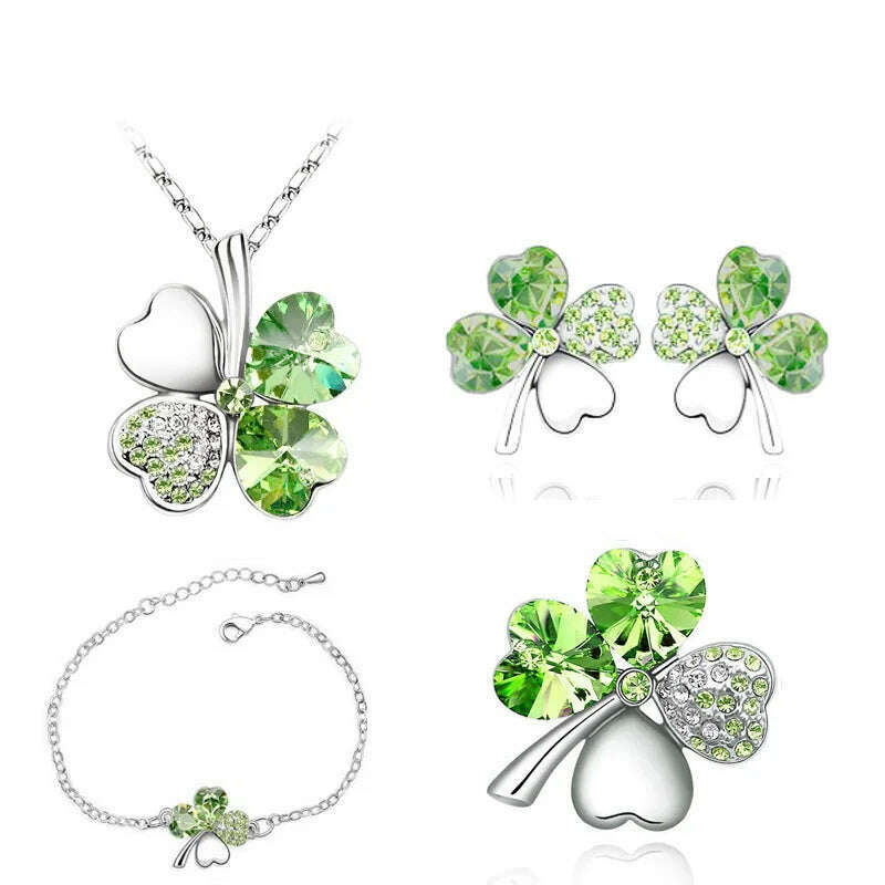 KIMLUD, Crystal Clover 4 Leaf heart fashion jewelry set dropshipping Necklace earrings bracelet brooch charm girl quality birthday gifts, silver lightgreen, KIMLUD Women's Clothes