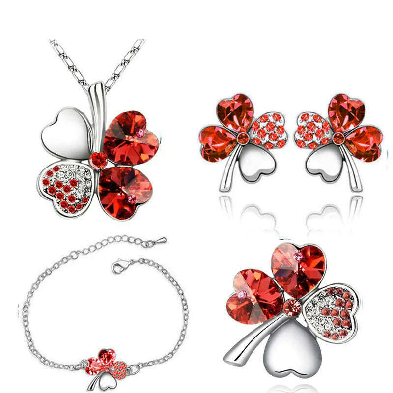 KIMLUD, Crystal Clover 4 Leaf heart fashion jewelry set dropshipping Necklace earrings bracelet brooch charm girl quality birthday gifts, silver red, KIMLUD Womens Clothes