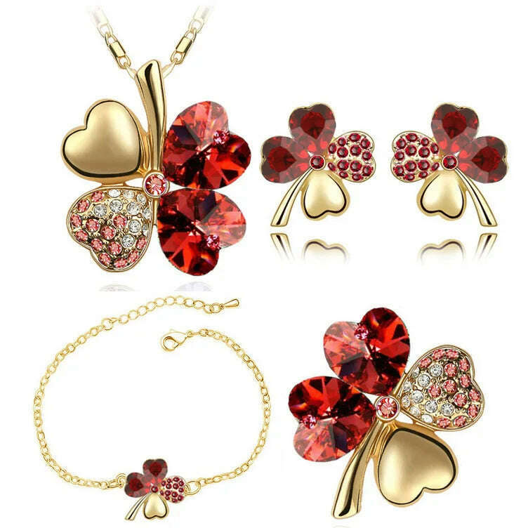 KIMLUD, Crystal Clover 4 Leaf heart fashion jewelry set dropshipping Necklace earrings bracelet brooch charm girl quality birthday gifts, gold red, KIMLUD Women's Clothes