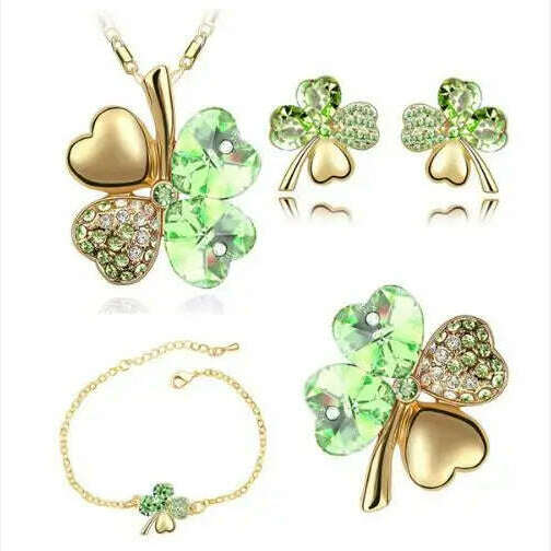 KIMLUD, Crystal Clover 4 Leaf heart fashion jewelry set dropshipping Necklace earrings bracelet brooch charm girl quality birthday gifts, gold lightgreen, KIMLUD Women's Clothes