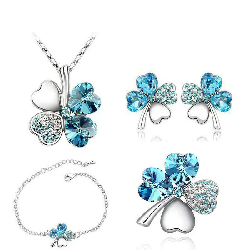 KIMLUD, Crystal Clover 4 Leaf heart fashion jewelry set dropshipping Necklace earrings bracelet brooch charm girl quality birthday gifts, silver oceanblue, KIMLUD Womens Clothes