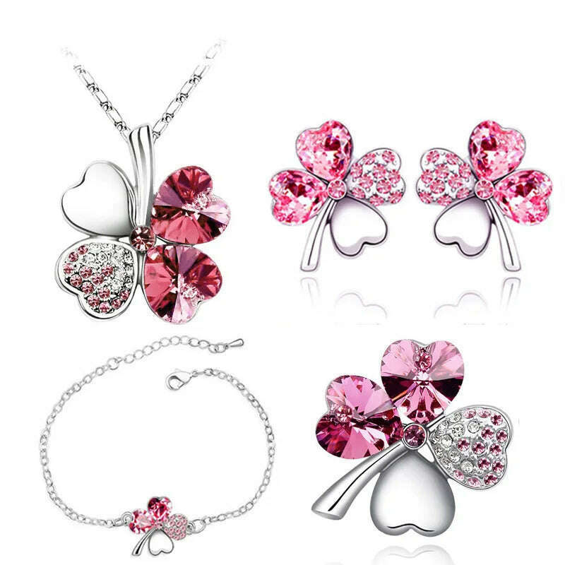 KIMLUD, Crystal Clover 4 Leaf heart fashion jewelry set dropshipping Necklace earrings bracelet brooch charm girl quality birthday gifts, silver darkpink, KIMLUD Women's Clothes