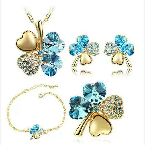 KIMLUD, Crystal Clover 4 Leaf heart fashion jewelry set dropshipping Necklace earrings bracelet brooch charm girl quality birthday gifts, gold oceanblue, KIMLUD Womens Clothes