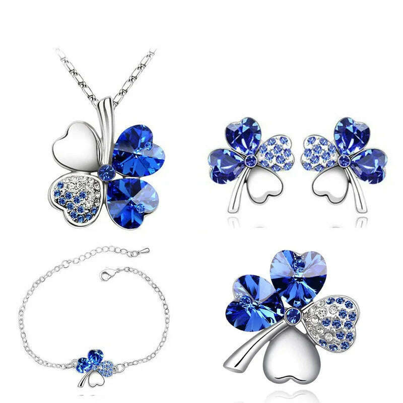 KIMLUD, Crystal Clover 4 Leaf heart fashion jewelry set dropshipping Necklace earrings bracelet brooch charm girl quality birthday gifts, silver darkblue, KIMLUD Women's Clothes