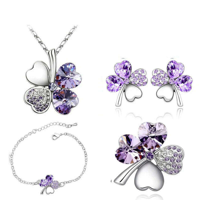 KIMLUD, Crystal Clover 4 Leaf heart fashion jewelry set dropshipping Necklace earrings bracelet brooch charm girl quality birthday gifts, silver violet, KIMLUD Womens Clothes