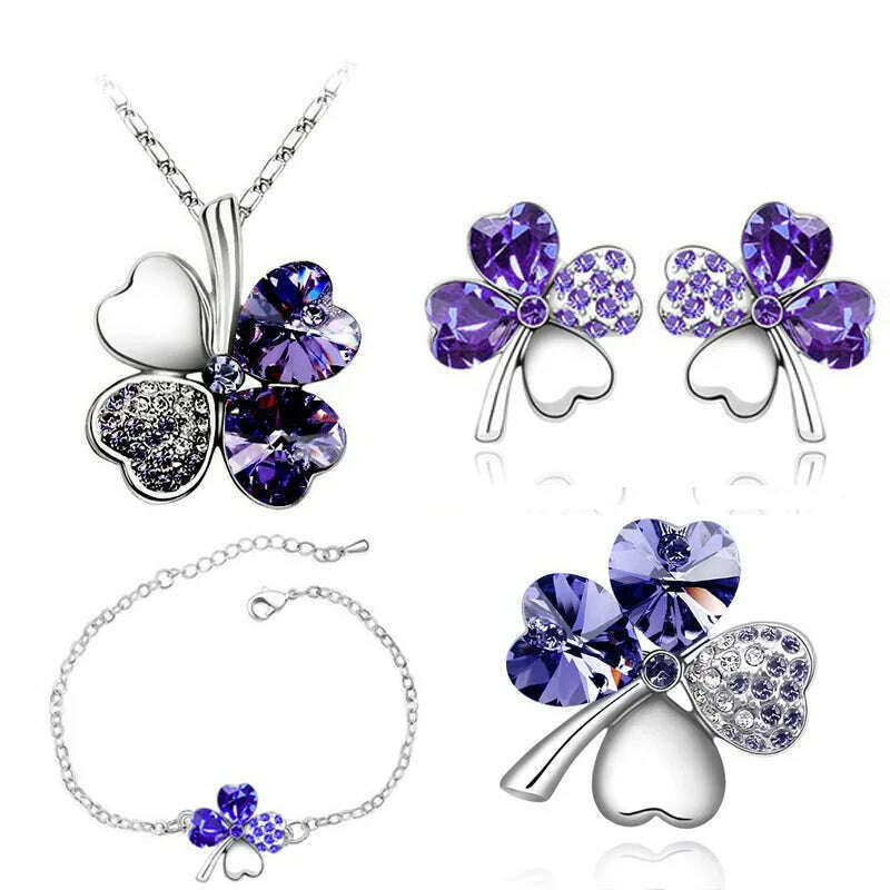 KIMLUD, Crystal Clover 4 Leaf heart fashion jewelry set dropshipping Necklace earrings bracelet brooch charm girl quality birthday gifts, silver purpel, KIMLUD Women's Clothes