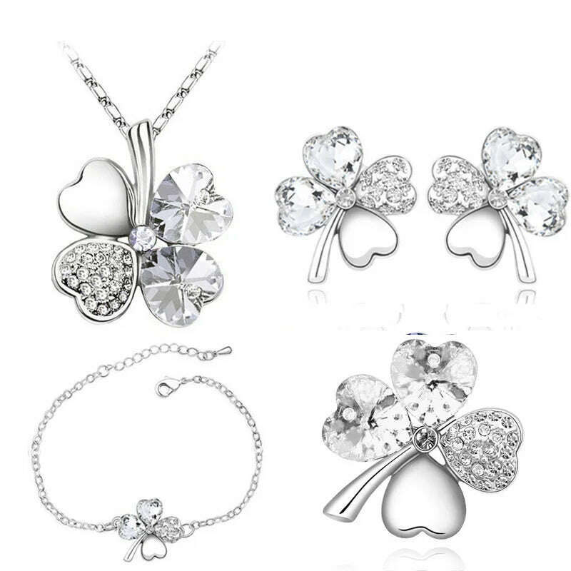 KIMLUD, Crystal Clover 4 Leaf heart fashion jewelry set dropshipping Necklace earrings bracelet brooch charm girl quality birthday gifts, silver white, KIMLUD Women's Clothes