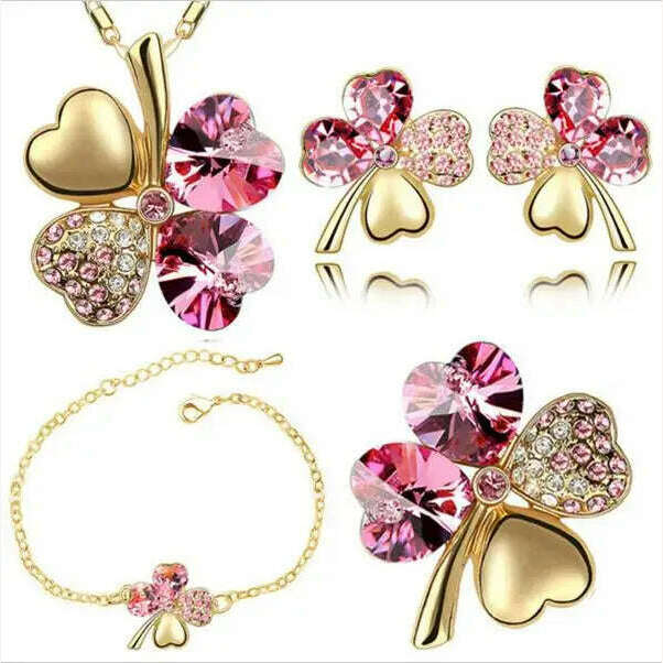 KIMLUD, Crystal Clover 4 Leaf heart fashion jewelry set dropshipping Necklace earrings bracelet brooch charm girl quality birthday gifts, gold darkpink, KIMLUD Women's Clothes