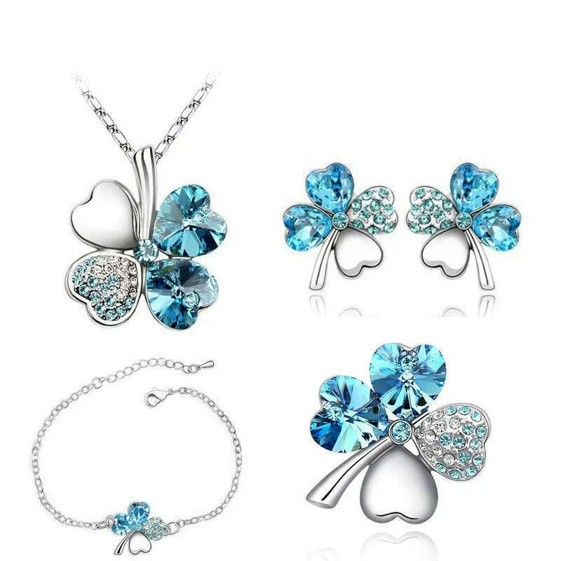 KIMLUD, Crystal Clover 4 Leaf heart fashion jewelry set dropshipping Necklace earrings bracelet brooch charm girl quality birthday gifts, KIMLUD Women's Clothes