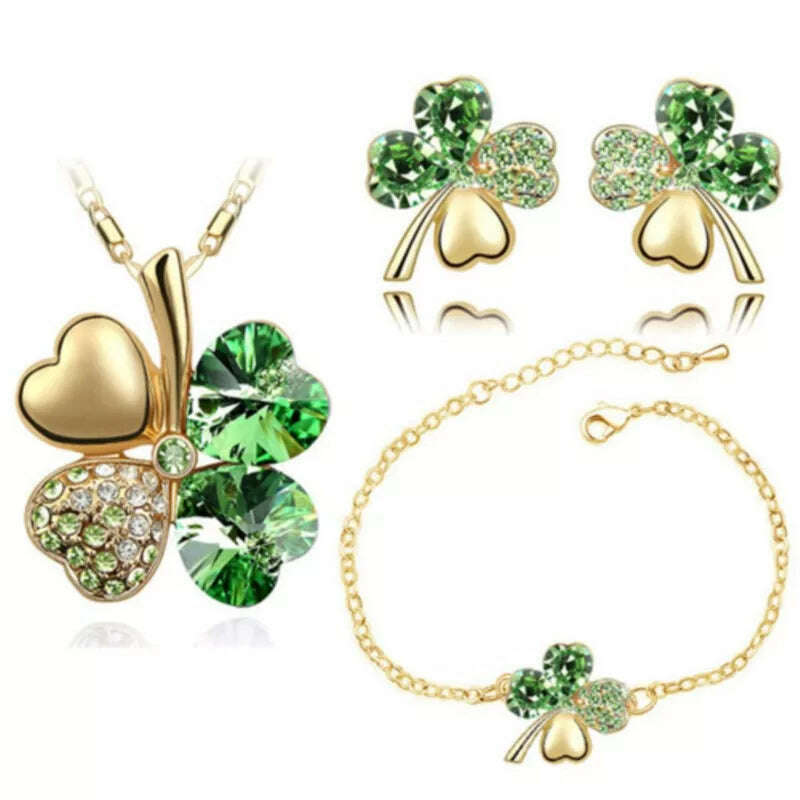 Crystal Clover 4 Leaf leaves heart pendant Jewelry sets necklace earrings bracelet women lovers cute romantic gifts summer party, KIMLUD Women's Clothes