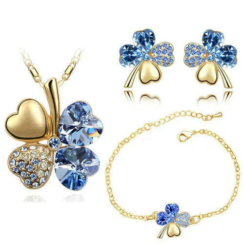 KIMLUD, Crystal Clover 4 Leaf leaves heart pendant Jewelry sets necklace earrings bracelet women lovers cute romantic gifts summer party, gold lightblue, KIMLUD Women's Clothes