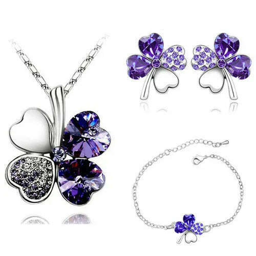 KIMLUD, Crystal Clover 4 Leaf leaves heart pendant Jewelry sets necklace earrings bracelet women lovers cute romantic gifts summer party, silver purple, KIMLUD Womens Clothes