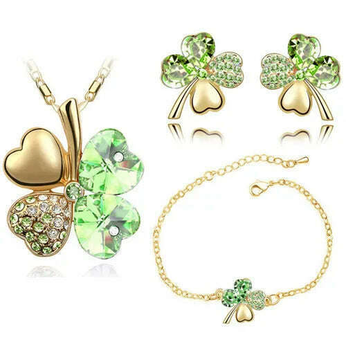 KIMLUD, Crystal Clover 4 Leaf leaves heart pendant Jewelry sets necklace earrings bracelet women lovers cute romantic gifts summer party, gold lightgreen, KIMLUD Women's Clothes