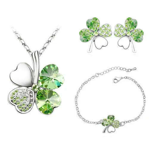 KIMLUD, Crystal Clover 4 Leaf leaves heart pendant Jewelry sets necklace earrings bracelet women lovers cute romantic gifts summer party, silver lightgreen, KIMLUD Womens Clothes