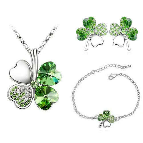 KIMLUD, Crystal Clover 4 Leaf leaves heart pendant Jewelry sets necklace earrings bracelet women lovers cute romantic gifts summer party, silver darkgreen, KIMLUD Women's Clothes