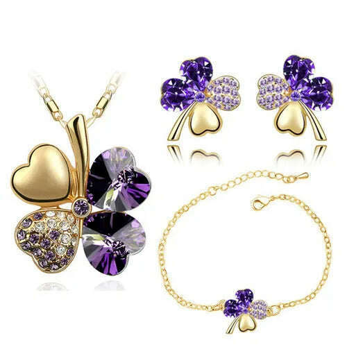 KIMLUD, Crystal Clover 4 Leaf leaves heart pendant Jewelry sets necklace earrings bracelet women lovers cute romantic gifts summer party, gold purple, KIMLUD Women's Clothes
