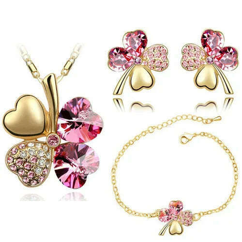 KIMLUD, Crystal Clover 4 Leaf leaves heart pendant Jewelry sets necklace earrings bracelet women lovers cute romantic gifts summer party, gold dakrpink, KIMLUD Women's Clothes