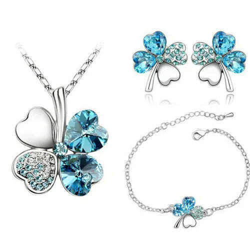 KIMLUD, Crystal Clover 4 Leaf leaves heart pendant Jewelry sets necklace earrings bracelet women lovers cute romantic gifts summer party, silver oceanblue, KIMLUD Women's Clothes