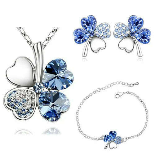KIMLUD, Crystal Clover 4 Leaf leaves heart pendant Jewelry sets necklace earrings bracelet women lovers cute romantic gifts summer party, silver lightblue, KIMLUD Womens Clothes