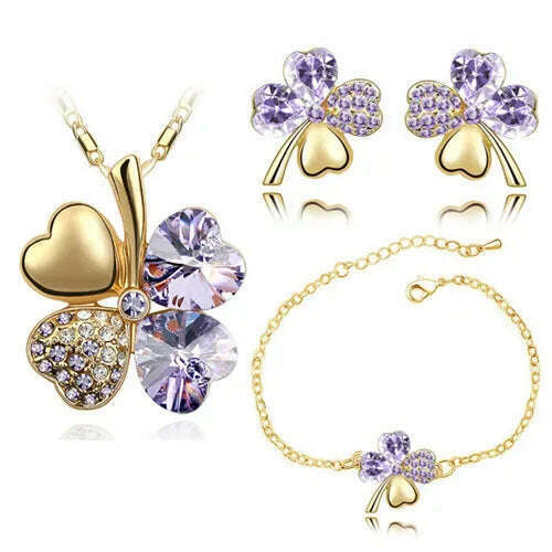 KIMLUD, Crystal Clover 4 Leaf leaves heart pendant Jewelry sets necklace earrings bracelet women lovers cute romantic gifts summer party, gold violet, KIMLUD Womens Clothes