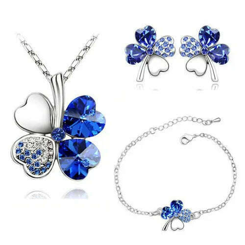 KIMLUD, Crystal Clover 4 Leaf leaves heart pendant Jewelry sets necklace earrings bracelet women lovers cute romantic gifts summer party, silver darkblue, KIMLUD Women's Clothes