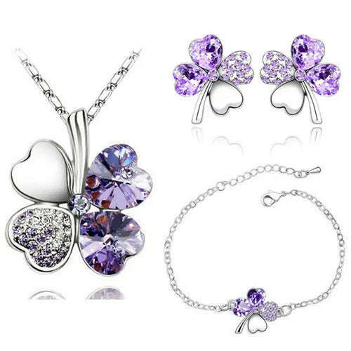 KIMLUD, Crystal Clover 4 Leaf leaves heart pendant Jewelry sets necklace earrings bracelet women lovers cute romantic gifts summer party, silver violet, KIMLUD Women's Clothes
