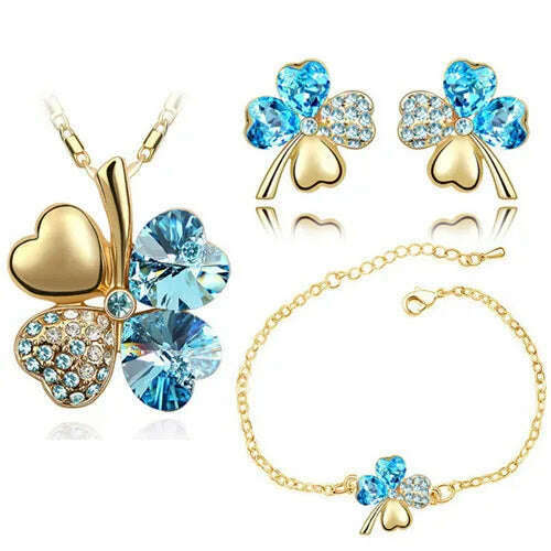 KIMLUD, Crystal Clover 4 Leaf leaves heart pendant Jewelry sets necklace earrings bracelet women lovers cute romantic gifts summer party, gold oceanblue, KIMLUD Womens Clothes