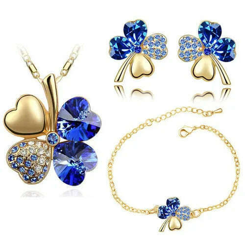 KIMLUD, Crystal Clover 4 Leaf leaves heart pendant Jewelry sets necklace earrings bracelet women lovers cute romantic gifts summer party, gold darkblue, KIMLUD Women's Clothes