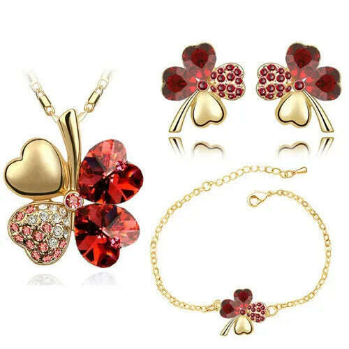 KIMLUD, Crystal Clover 4 Leaf leaves heart pendant Jewelry sets necklace earrings bracelet women lovers cute romantic gifts summer party, gold red, KIMLUD Women's Clothes