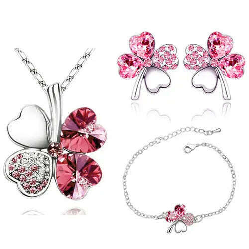 KIMLUD, Crystal Clover 4 Leaf leaves heart pendant Jewelry sets necklace earrings bracelet women lovers cute romantic gifts summer party, silver darkpink, KIMLUD Womens Clothes