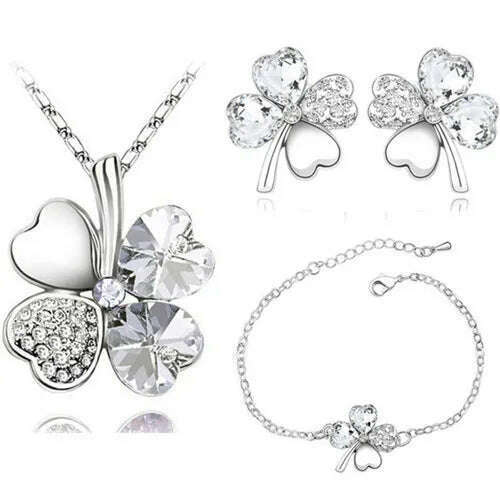 KIMLUD, Crystal Clover 4 Leaf leaves heart pendant Jewelry sets necklace earrings bracelet women lovers cute romantic gifts summer party, silver white, KIMLUD Women's Clothes