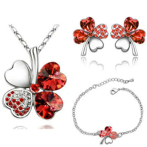 KIMLUD, Crystal Clover 4 Leaf leaves heart pendant Jewelry sets necklace earrings bracelet women lovers cute romantic gifts summer party, silver red, KIMLUD Womens Clothes