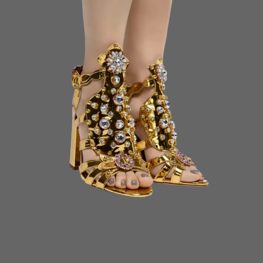 KIMLUD, Crystal Flower Decor Gold Hollow Design Sandals Boots Knee High Women Shoes Chunky High Heels Fashion 2024 Zapatos Para Mujere, KIMLUD Womens Clothes