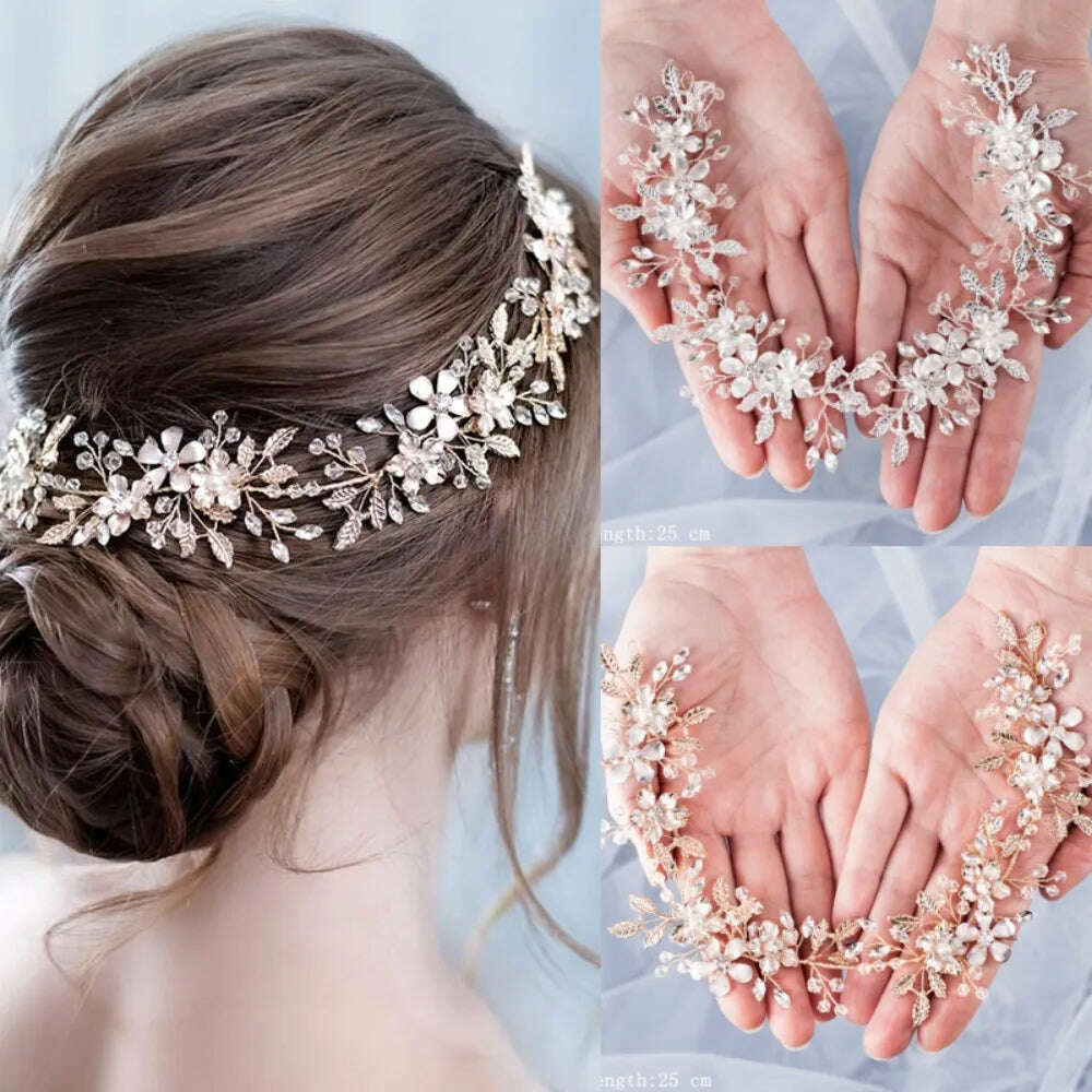 KIMLUD, Crystal Flower Leaf Wedding Bridal Headbands Tiaras For Women Bride Rhinestone Bridal Wedding Hair Accessories Jewelry Band Gift, KIMLUD Womens Clothes
