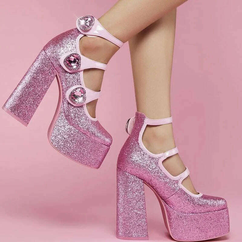 KIMLUD, Crystal Heart Pink Sweet Glitter Pumps Women Heart Shaped Rhinestones Platform Chunky Heels Elegant Design Lolita Girl&#39;s Shoes, Pink / 35 / China, KIMLUD Women's Clothes