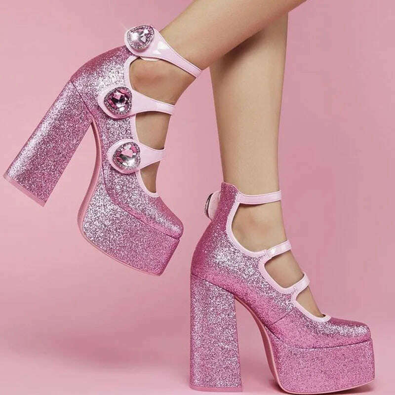 KIMLUD, Crystal Heart Pink Sweet Glitter Pumps Women Heart Shaped Rhinestones Platform Chunky Heels Elegant Design Lolita Girl&#39;s Shoes, Pink / 35 / China, KIMLUD APPAREL - Womens Clothes