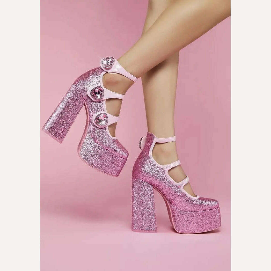 KIMLUD, Crystal Heart Pink Sweet Glitter Pumps Women Heart Shaped Rhinestones Platform Chunky Heels Elegant Design Lolita Girl&#39;s Shoes, KIMLUD Womens Clothes