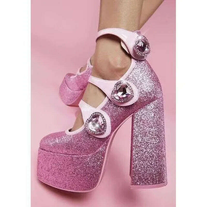 KIMLUD, Crystal Heart Pink Sweet Glitter Pumps Women Heart Shaped Rhinestones Platform Chunky Heels Elegant Design Lolita Girl&#39;s Shoes, KIMLUD Womens Clothes