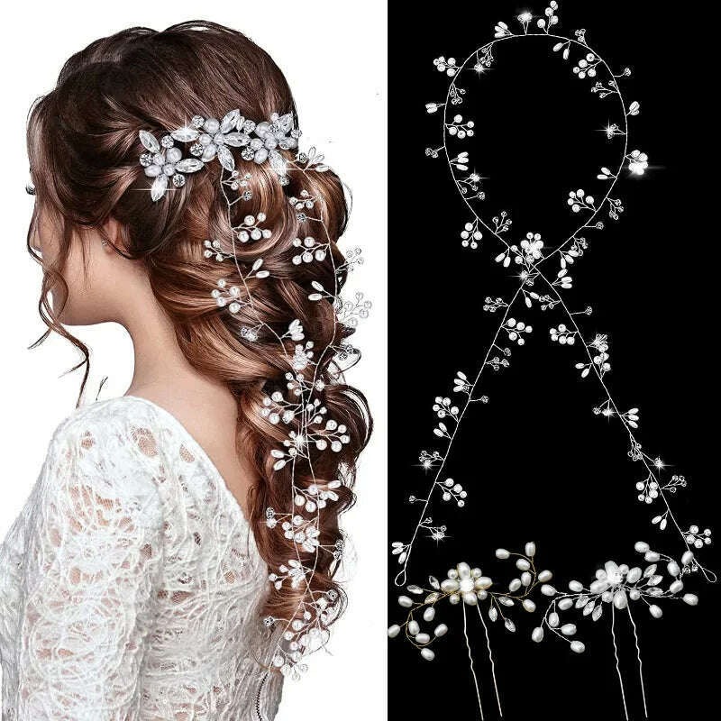 Crystal Pearl Hairpin Hair Vine Long Head Piece Hair Comb Headband Hairpins Hairbands Accessories Wedding Bridal Hair Jewelry - KIMLUD