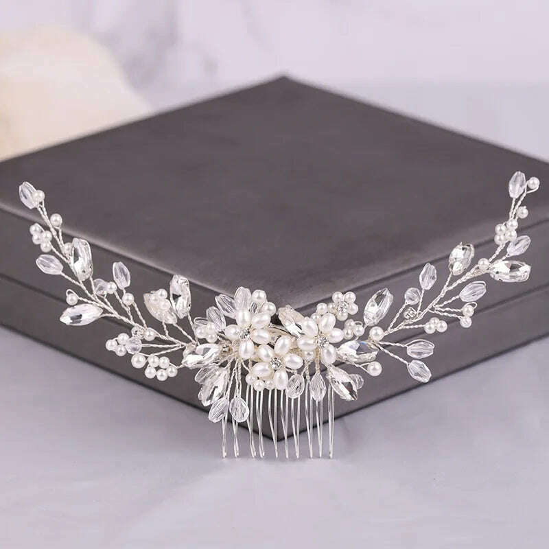 KIMLUD, Crystal Rhinestone Flower Pearl Hair Comb Bridal Headband Tiara Hairpin Party Wedding Bridal Hair Accessories Jewelry, KIMLUD Womens Clothes