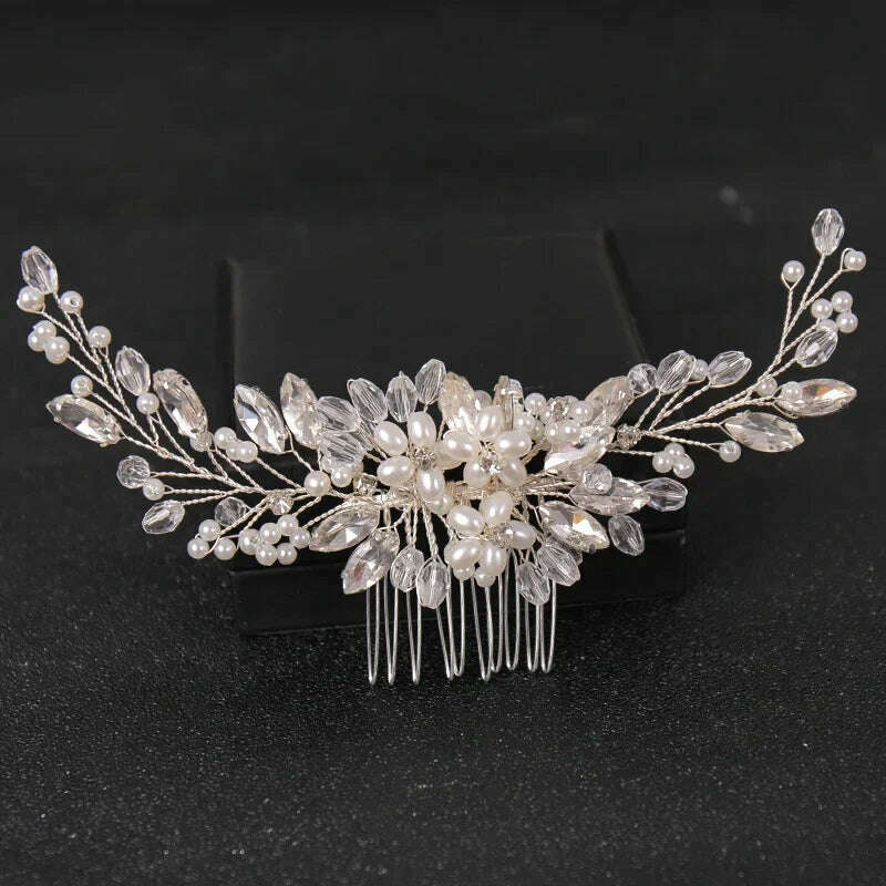 KIMLUD, Crystal Rhinestone Flower Pearl Hair Comb Bridal Headband Tiara Hairpin Party Wedding Bridal Hair Accessories Jewelry, Silver, KIMLUD Womens Clothes