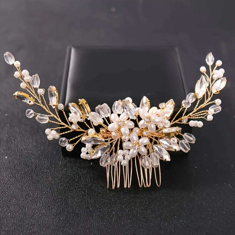 KIMLUD, Crystal Rhinestone Flower Pearl Hair Comb Bridal Headband Tiara Hairpin Party Wedding Bridal Hair Accessories Jewelry, Gold, KIMLUD Womens Clothes