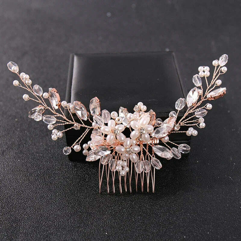 KIMLUD, Crystal Rhinestone Flower Pearl Hair Comb Bridal Headband Tiara Hairpin Party Wedding Bridal Hair Accessories Jewelry, Rose Gold, KIMLUD Womens Clothes