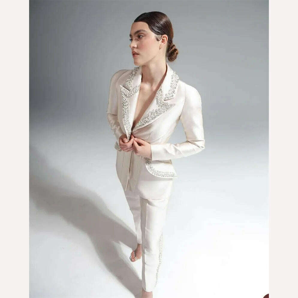 KIMLUD, Crystal Women Suits Set For Wedding Tuxedo Custom Made 2 Pcs Blazer+Straight Pants Formal Office Lady Bridal Party Prom Dress, KIMLUD Women's Clothes