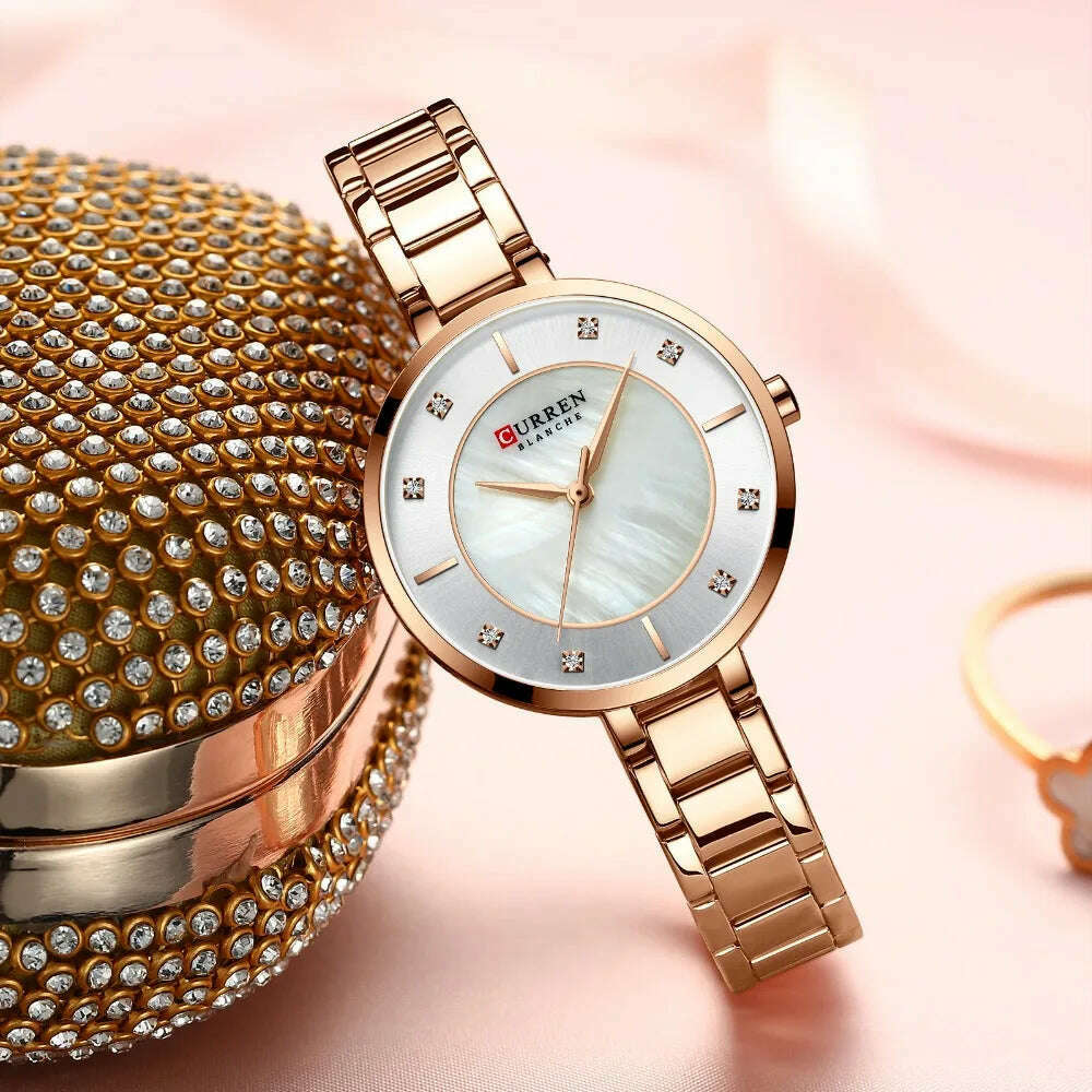 KIMLUD, CURREN Ladies Watches Fashion Elegant Quartz Watch Women Dress Wristwatch with Rhinestone Set Dial Rose Gold Steel Band Clock, KIMLUD Women's Clothes