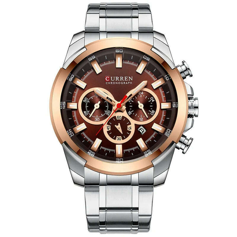 KIMLUD, CURREN Men’s Watches Top Brand Big Sport Watch Luxury Men Military Steel Quartz Wrist Watches Chronograph Gold Design Male Clock, Silver Brown, KIMLUD Women's Clothes