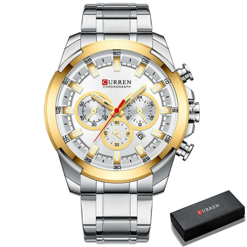 KIMLUD, CURREN Men’s Watches Top Brand Big Sport Watch Luxury Men Military Steel Quartz Wrist Watches Chronograph Gold Design Male Clock, S G W Box, KIMLUD Women's Clothes