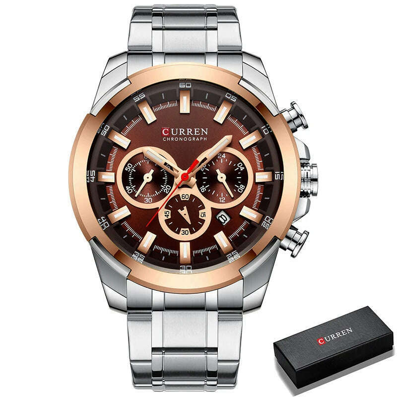 KIMLUD, CURREN Men’s Watches Top Brand Big Sport Watch Luxury Men Military Steel Quartz Wrist Watches Chronograph Gold Design Male Clock, S BN Box, KIMLUD Women's Clothes